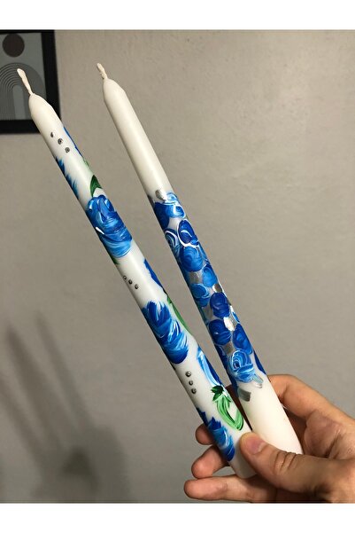 Elif Design 2 li gümüş detaylı mavi çiçekli mum seti