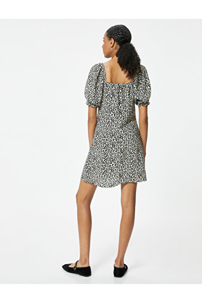 Koton Leopard Print Slim Fit Mini Dress - Balloon Sleeve and Heart Collar