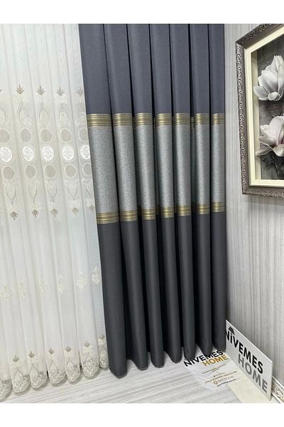 NİVEMESHOME Nivemeshome Manavgat - Anthracite-Gold V-2501 1/3 Close Pleated Background Curtain Apm