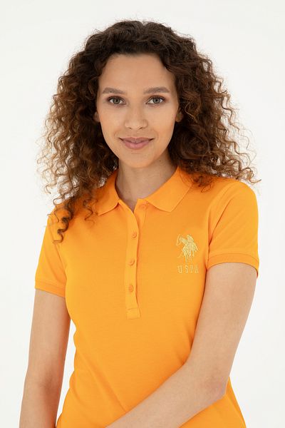 U.S. Polo Assn. Rochie tricotată mini lungime cu guler polo portocaliu pentru femei 50280069-vr051