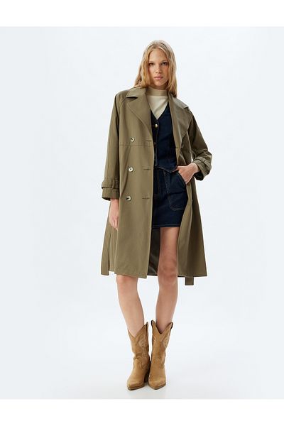 Koton Double Breasted Collar Buttoned Pocket Cotton Trench Coat