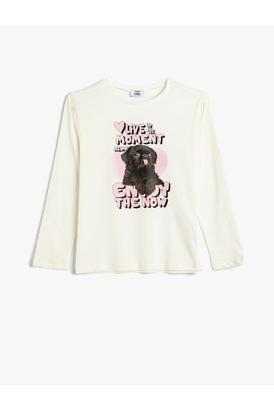 Koton Cotton Long Sleeve Dog Printed Crew Neck T-Shirt