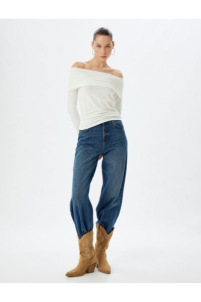 Koton Long Sleeve Off-The-Shoulder Body Madonna Collar Draped Slim Fit