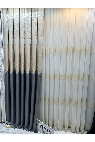 NİVEMESHOME Nivemeshome Milas 671539   - Dark Grey/Cream, 1/3 Pleated, Close Pleated Background Curtain