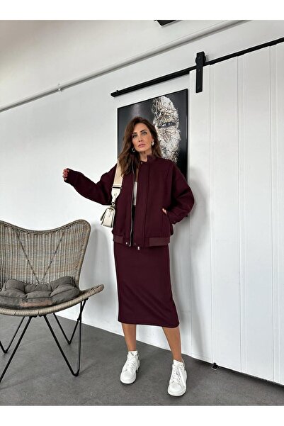 Zerrincan Giyim Stamp Claret Red Jacket and Skirt Set