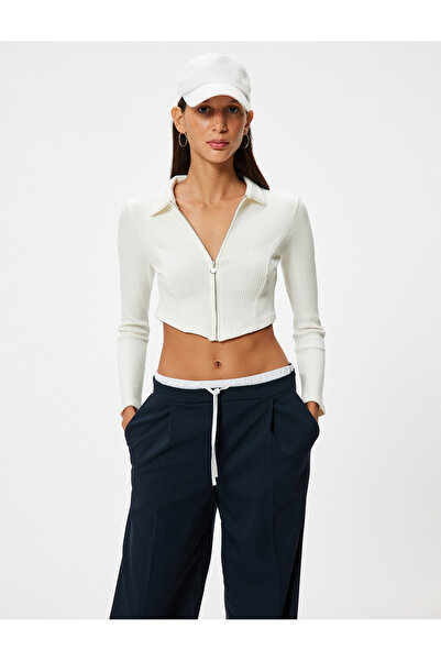 Koton Crop Hırka Fermuarlı Gömlek Yaka Asimetrik Kesim Slim Fit