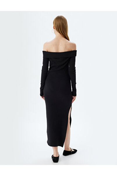 Koton Midi Elbise Fitilli Kayık Yaka Yırtmaç Detaylı Slim Fit Uzun Kollu