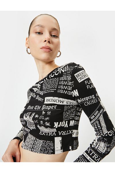 Koton Tricou crop slim fit cu gât - cu mânecă lungă și imprimat