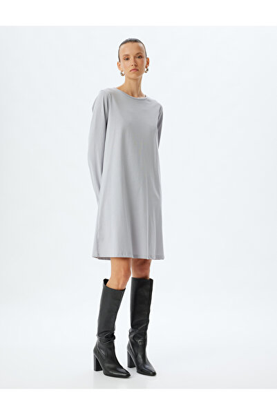 Koton Mini Elbise Manşetli Uzun Kollu Yuvarlak Yaka Pamuklu