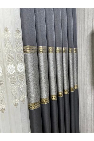 NİVEMESHOME Nivemeshome Manavgat - Anthracite-Gold V-2501 1/3 Close Pleated Background Curtain Apm