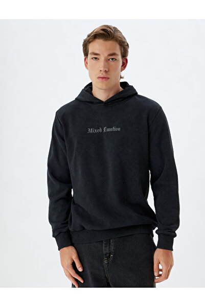 Koton Basic Hooded Cotton Blend - Slogan Embroidered Washed Sweatshirt