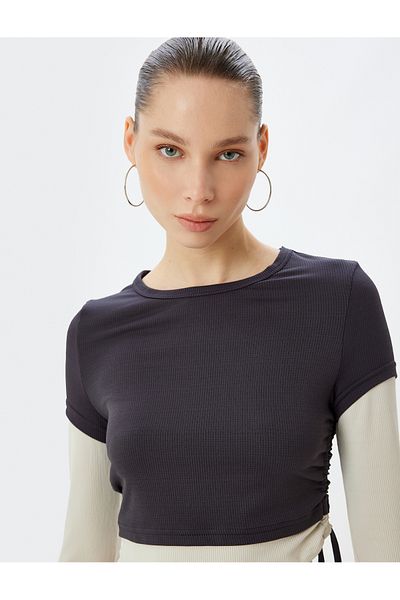 Koton Long Sleeve Slim Fit Crop T-Shirt - Crew Neck