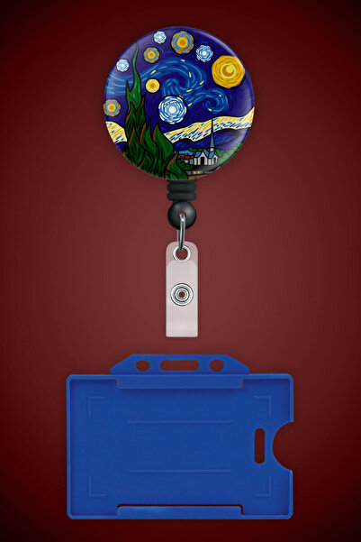 Apptakı Van Gogh Yıldızlı Geceler Metal Buton Yoyo Yaka Kartığı Kart Tutucu Y...