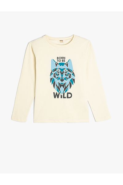 Koton Wolf Printed Cotton Long Sleeve Crew Neck T-Shirt