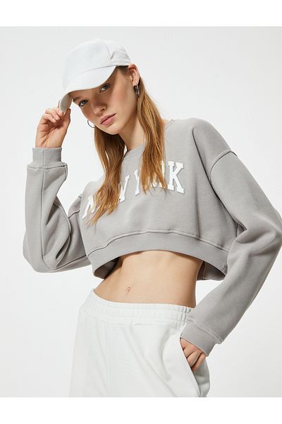Koton College Printed Crop Oversize Sweatshirt - Crew Neck