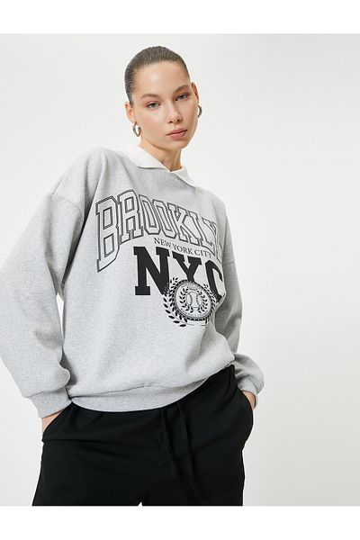 Koton College Themed Printed Oversize Polo Sweatshirt