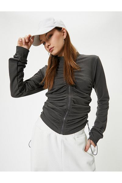 Koton Stand Collar Long Sleeve Zippered Draped Sweatshirt
