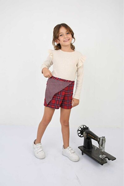 ayloş butik Yeni Sezon Kız Çoçuk Ekose Desenli Sort Etekli Alt Üst Takım