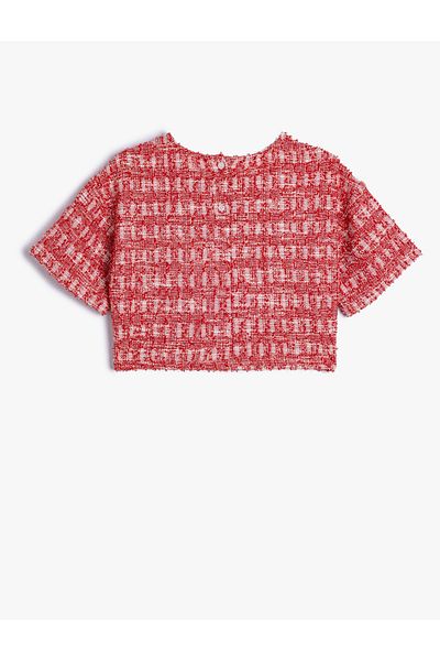 Koton Tweed Crop Blouse - Short Sleeve, Round Neck, Pocket and Button