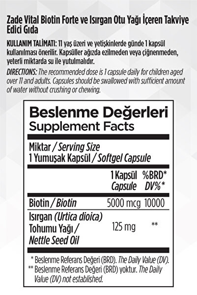 Zade Vital Biotin Forte 5000 Mg 30 Yumuşak Kapsül