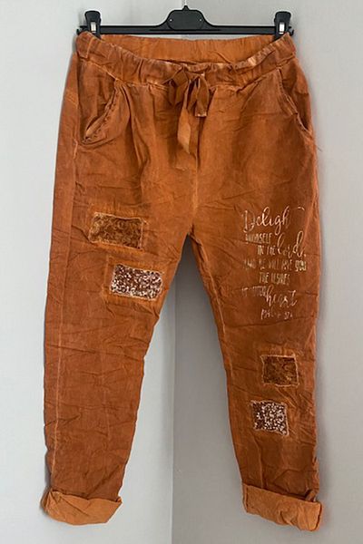 AYASOFYA OTANTIK Italian Cinnamon Patterned - Laser Cut Sequined Patched Skinny Leg Women's Trousers