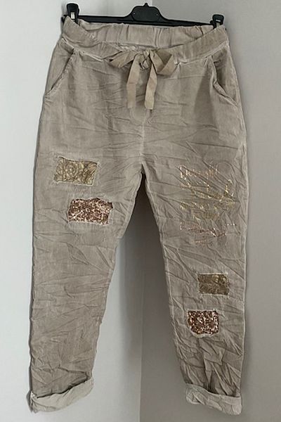AYASOFYA OTANTIK Beige Women's Trousers - Laser Cut, Sequin Sequin, Lettering Detailed Patched Skinny Leg