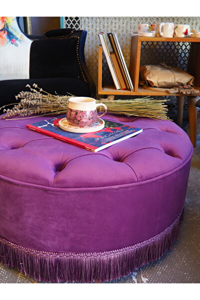 Moza Sanat Mor Rengi Kapitoneli 70*40 Cm Dekoratif Püsküllü Vintage Puf