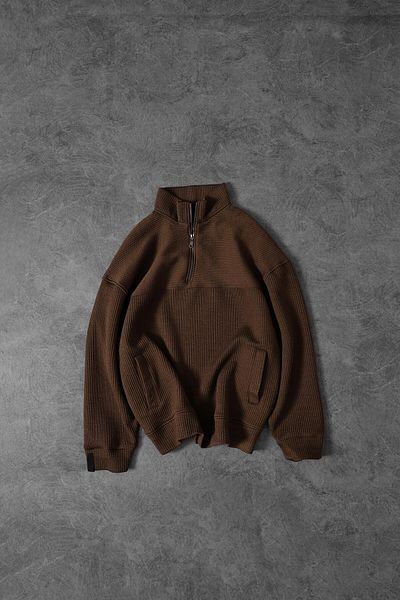 Slatra Men's Brown Half Zipper Ribbed Oversize Sweatshirt