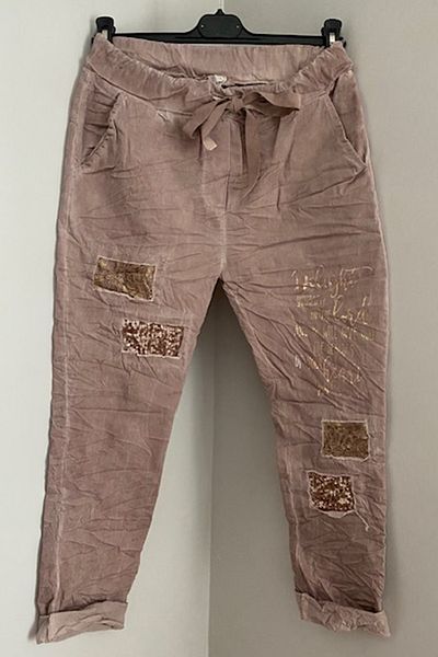 AYASOFYA OTANTIK Women's Italian Rose Color Laser Cut Sequin Patched Ripped V Lettering Detailed Vintage Narrow Leg Trousers