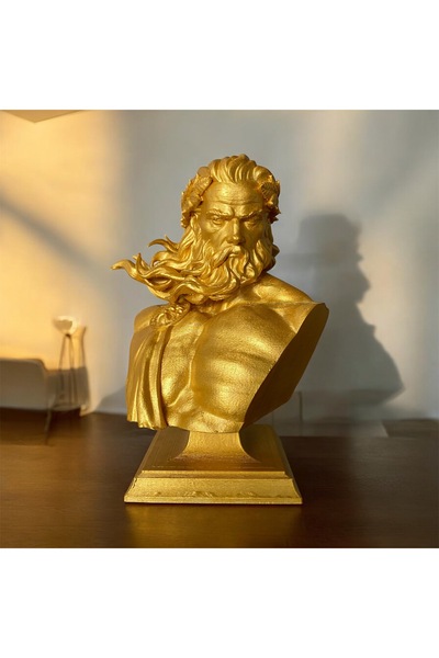 Root Made Zeus Heykeli Gold 25 cm Yunan Mitolojisi Tanrıları Zeus Büst Dekora...