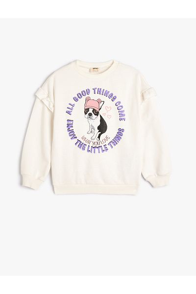 Koton Dog Printed Ruffled Long Sleeve Cotton Sweatshirt