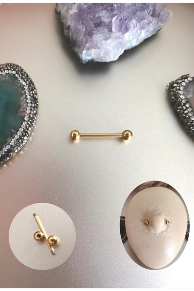 Bylin %100 316 L Cerrahi Çelik Gold Nipple Piercing-Bar kalınlığı 1,2 mm - To...