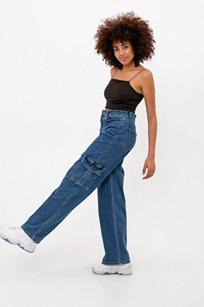 SB MİŞA Yüksel Bel Cargo Pocket Palazzo Jeans Παντελόνι