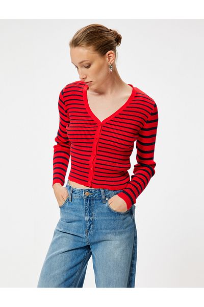 Koton V-Neck Ribbed Long Sleeve Buttoned Knitwear Cardigan