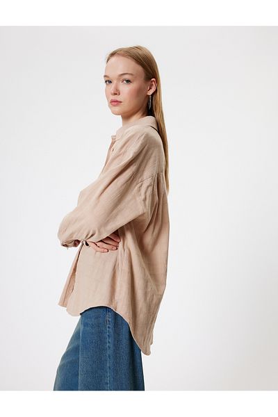 Koton Long Sleeve Oversize Textured Shirt - Classic Collar and Buttons