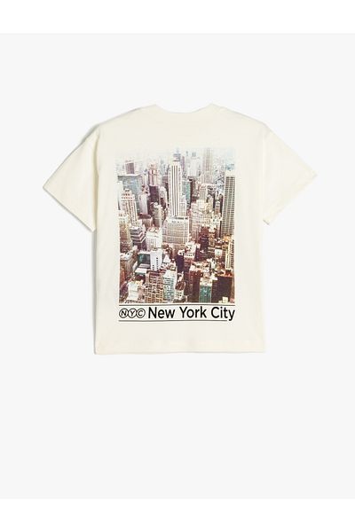 Koton Kurzärmliges Baumwoll-T-Shirt mit City-Print und Rundhalsausschnitt