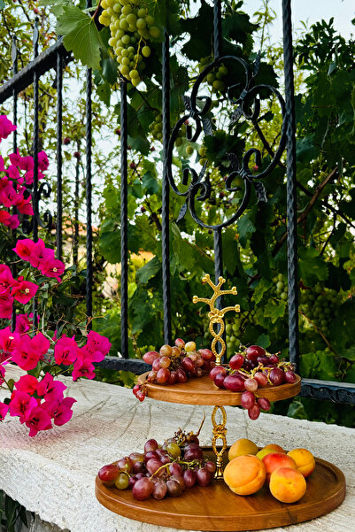 justwood 2 Katlı 21/30 Cm Gold Çiçekli Ahşap Kek Sunum Standı, Servis Sunum Tabağı, Ikramlık