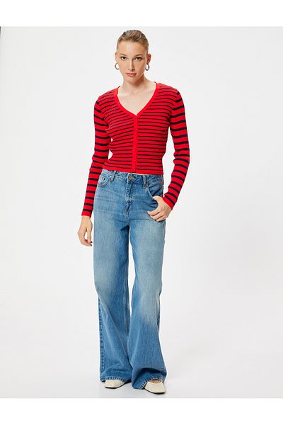 Koton V-Neck Ribbed Long Sleeve Buttoned Knitwear Cardigan