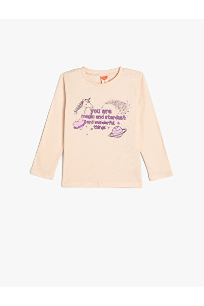 Koton Langärmliges Rundhals-T-Shirt aus Baumwolle mit Einhorn-Aufdruck