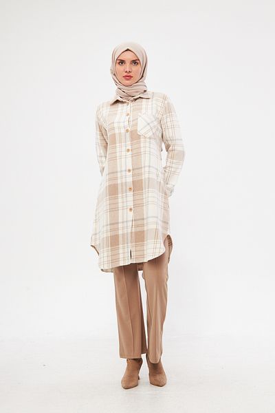 Giyim Gezegeni Single Pocket Sleeve Elastic Checked Striped Women's Winter Lumberjack Tunic Shirt