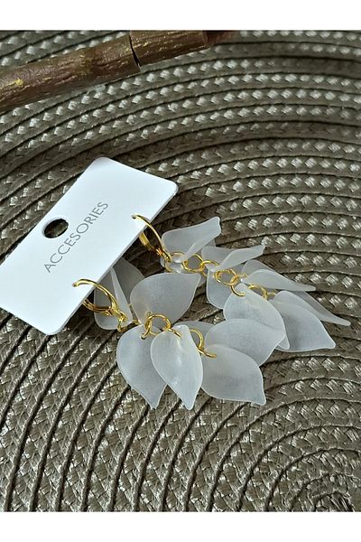 mos&more White Leaf Design Dangle Long Women's Earrings