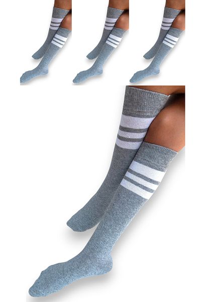 CİHO Socks 4 Pairs Girls, Women Gray Striped Non-Slip Below Knee Middle School High School College School Socks
