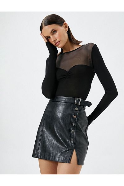 Koton Tricou cu mânecă lungă Crop Tulle Detaliat Crew Deck Viscoză