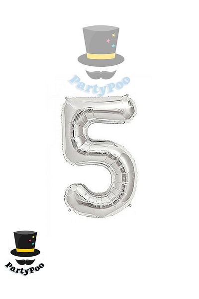 PartyPoo Foil Balloon 5 Number Helium Balloon 100 cm Silver Color - 5 Year Old Balloon - Birthday -5 Number Balloon