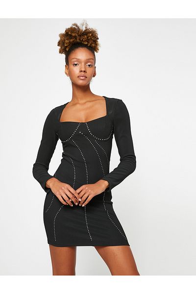 Koton Mini Dress Long Sleeve Square Neck Stone