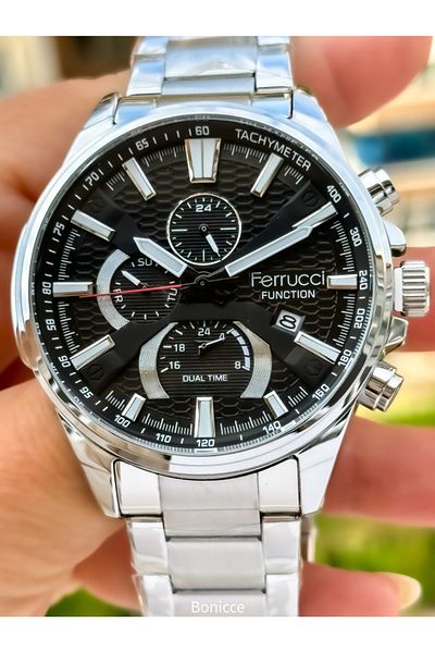 Ferrucci Brand Functions Active Silver Color Steel Cord Men's Wrist Watch + Rosary Bracelet