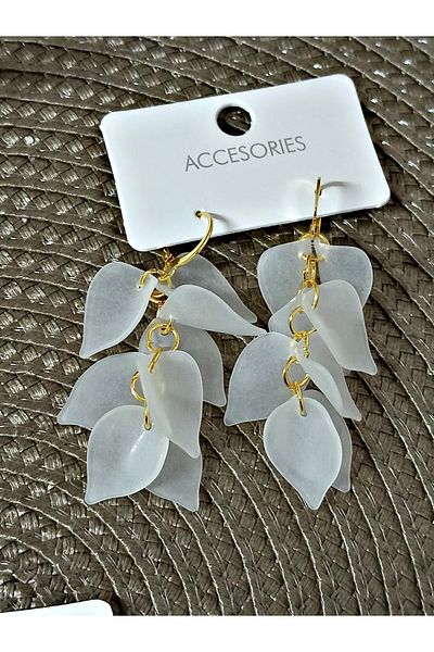 mos&more White Leaf Design Dangle Long Women's Earrings