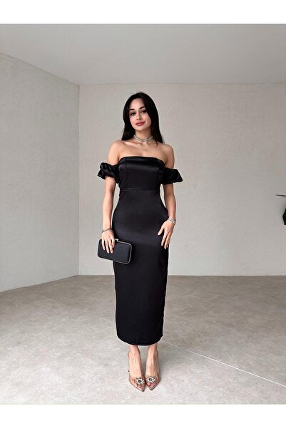 popibutik Straplez Kol Detaylı Yırtmaçlı Midi Boy Siyah Şifon Elbise