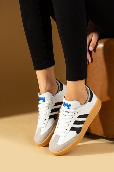 Pembe Potin Unisex White Black Women's Sports Sneaker Lace-Up Daily Comfortable Sole Shoes