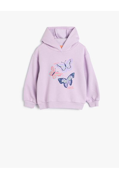 Koton Butterfly Printed Hooded Long Sleeve Sweatshirt